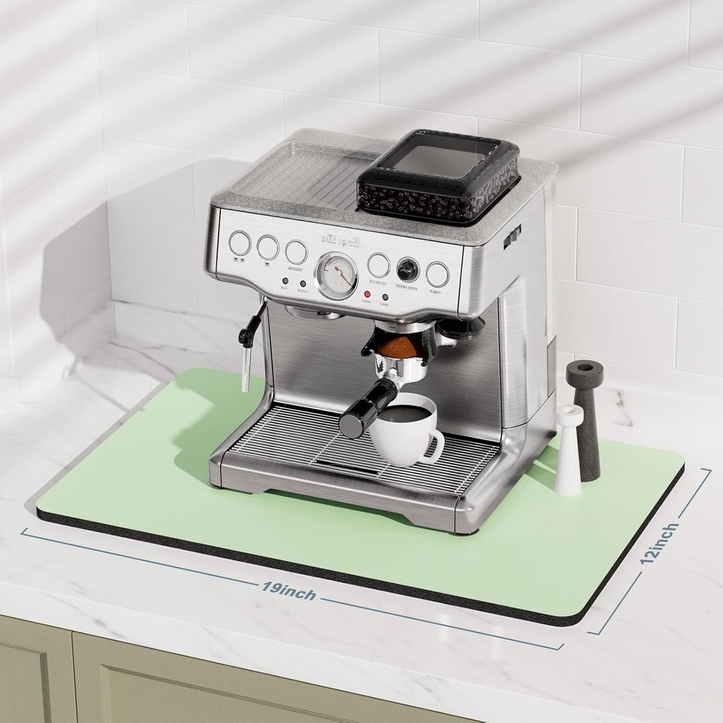 Rnivvi Coffee Mat, 12" x 19" Coffee Bar Mats for Espresso Machine Station Accessories and Organizer, Hide Stain Rubber Backed Absorbent Dish Drying Pad for Kitchen Counter, Cute Bar Decor Pad, Green