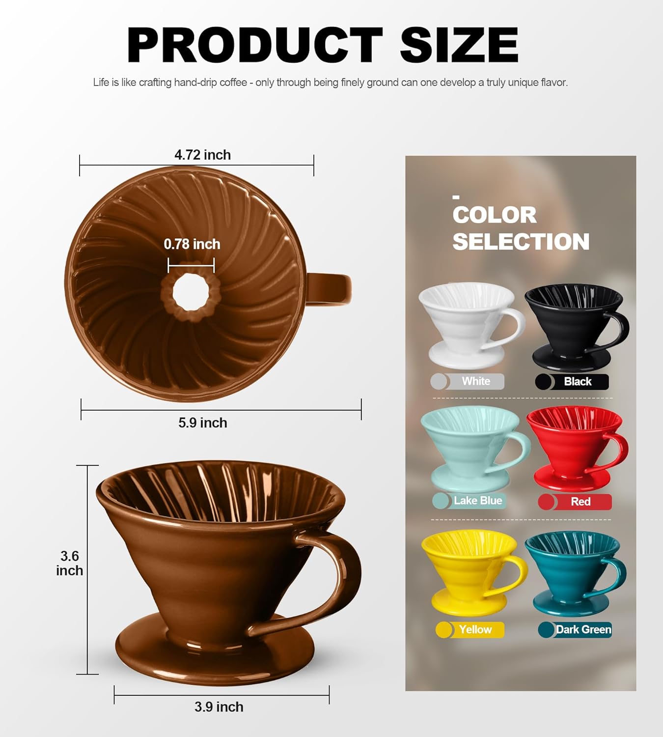 Pour Over Coffee Dripper - Ceramic Pour Over Coffee Maker Cone, Porcelain Coffee Drip, Pour Over Single Cup, Manual Brew Maker for Home, Cafe, Office - 1-4Cup, V60 Size 02 (Brown)