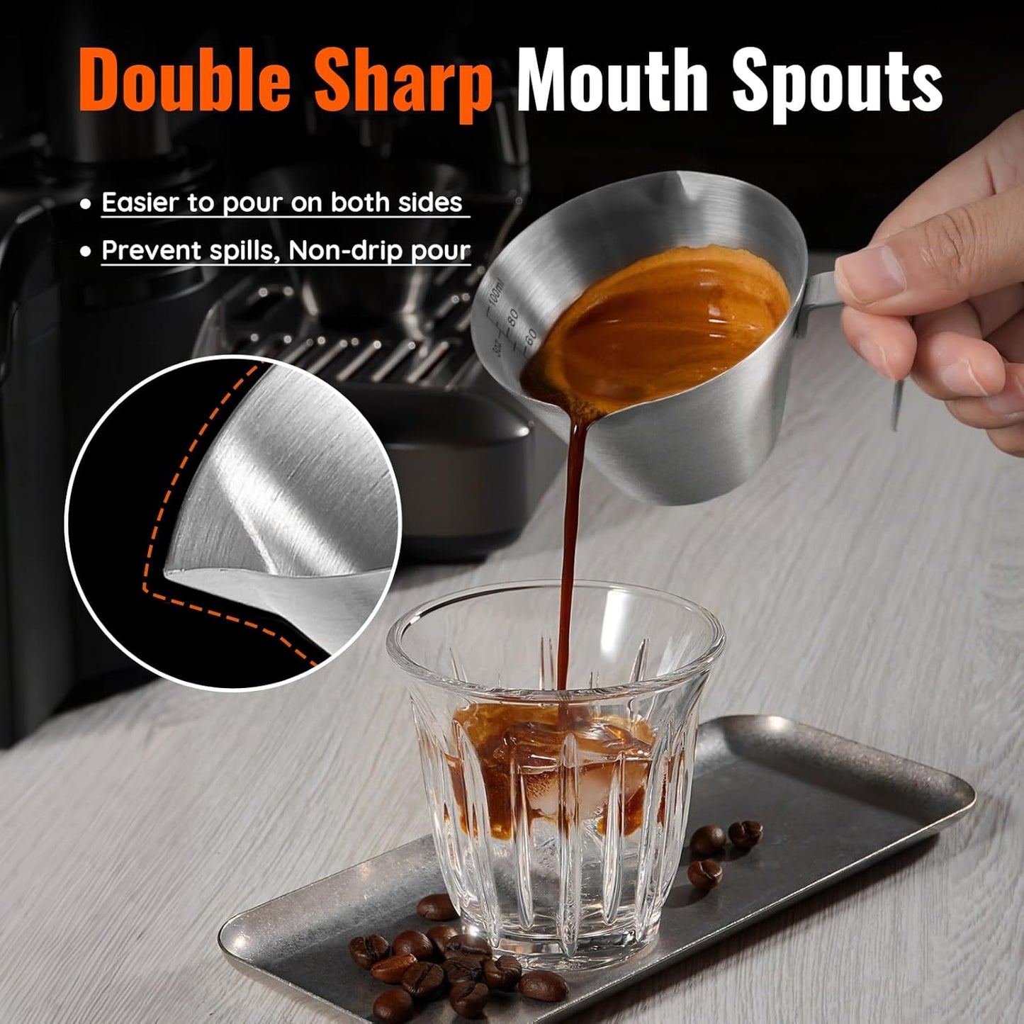 YARRAMATE 2 Pcs Espresso Cups with Handle, Stainless Steel Espresso Accessories, Double Spout Metal Measuring Cup with Dual Scale, Espresso Shot cup with V-Shaped Mouth, 3.4OZ/100ML(Silver)