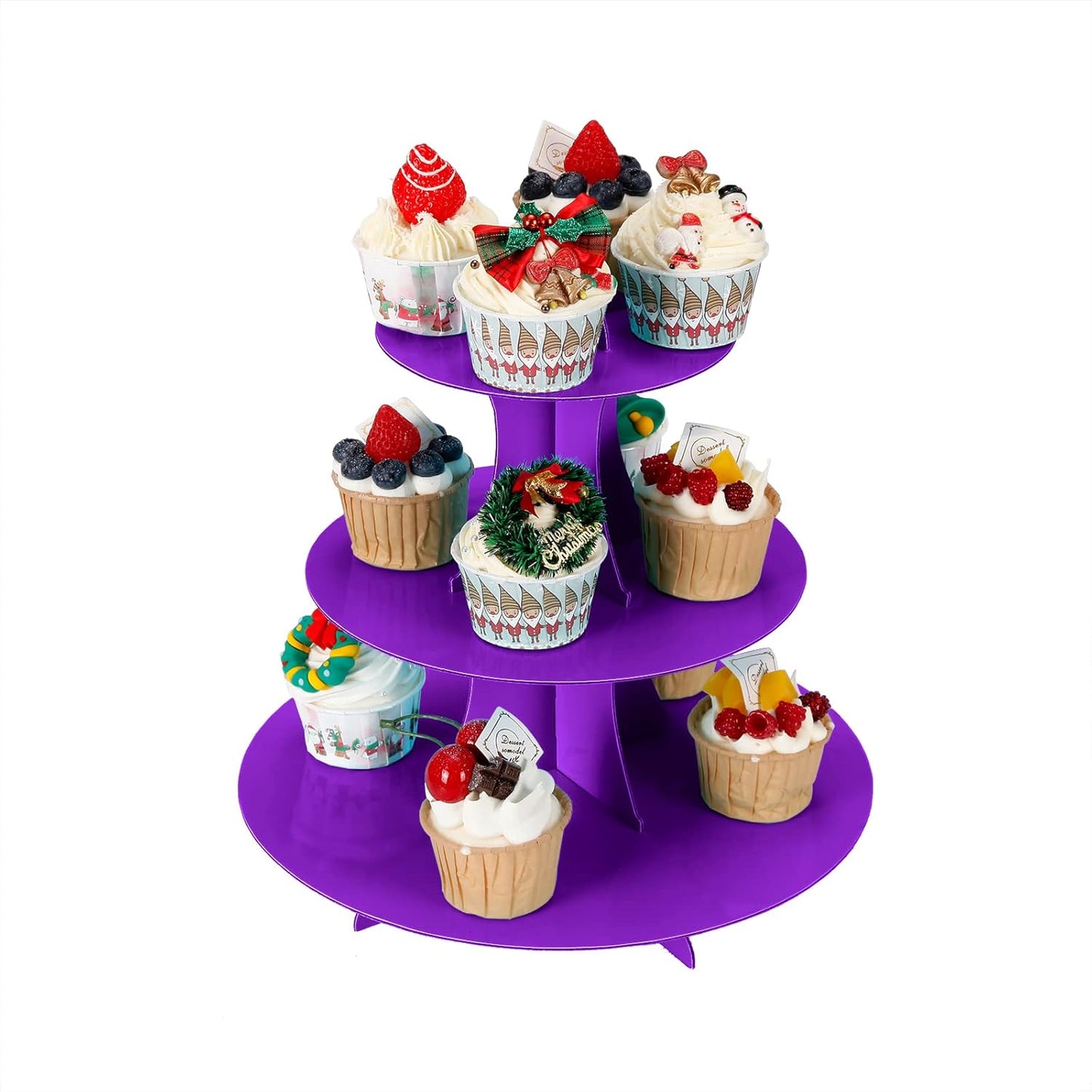 2Pcs 3-Tier Cupcake Stand, Cake Stand holder, Tiered DIY Cupcake Stand Tower for Dessert Table Displays, Birthday Theme Party Favors Decoration, Floral Tea Party, 12" W x 12.8" H, Purple
