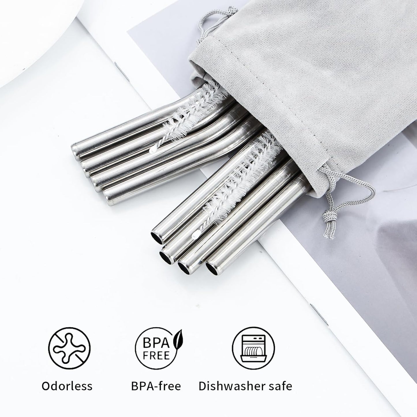 10 Pcs Stainless Steel Straw, Long Metal Straws for 40 Oz Tumbler Comes with Two Cleaning Brushes and A Bag, Reusable Drinking Accessories, Easy to Clean