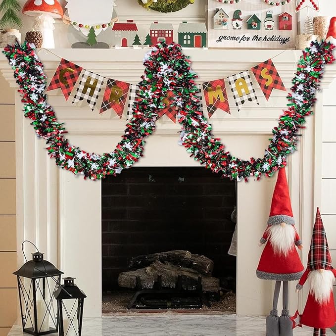 50 Feet Green Red Christmas Metallic Tinsel Twist Hanging Garland with Snowflake for Home Mantle Xmas Tree Staircase Railing New Year Holiday Party Indoor Outdoor Decorations（2 Pcs）