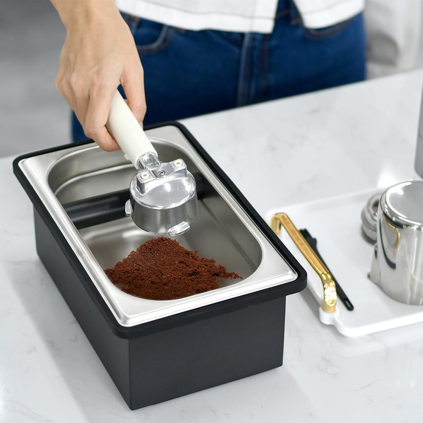 Espresso Knock Box, Stainless Steel Coffee Knock Box Large Capacity Coffee Pucks Container Espresso Machine Tool for Coffee Ground