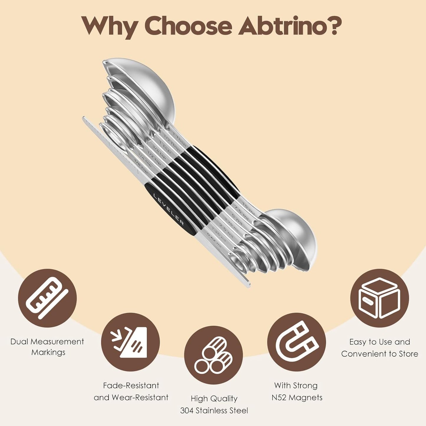 Magnetic Measuring Spoons Set of 8 | Heavy Duty 304 Stainless Steel, Triple Measurement Markings, Strong N52 Magnets, Easy to Clean, Space-Saving with Leveler Included (Black)