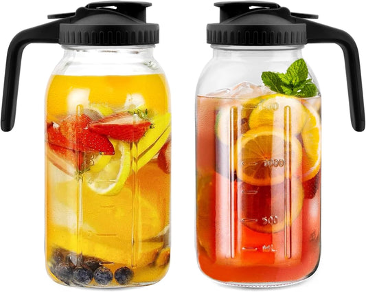 64oz Glass Pitcher with Lid-2 Quart, Heavy Duty Glass Mason Jar Pitcher 2 Packs, Leak-Proof Wide Mouth Jar with Pouring Airtight Lid, Ideal Container for Water, Juice, Milk and Drinks Storage