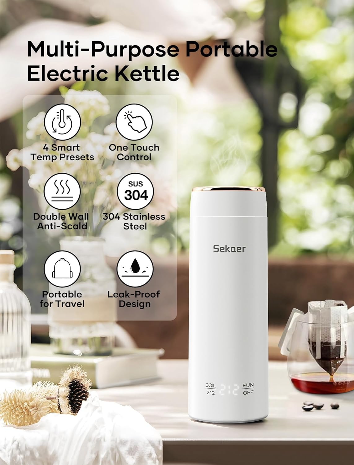 Sekaer Mini Travel Portable Electric Kettle, Small Tea Kettle Hot Water Boiler, 330mL & 304 Stainless Steel, with 4 Variable Presets and Auto Shut-Off, SEK-833