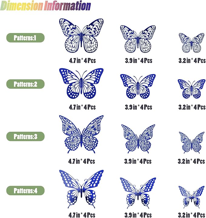 SAOROPEB Butterfly Wall Stickers, 48 Pcs 4 Styles 3 Sizes, Metallic Paper, Removable, Navy Blue, Art Deco Decor for Wall