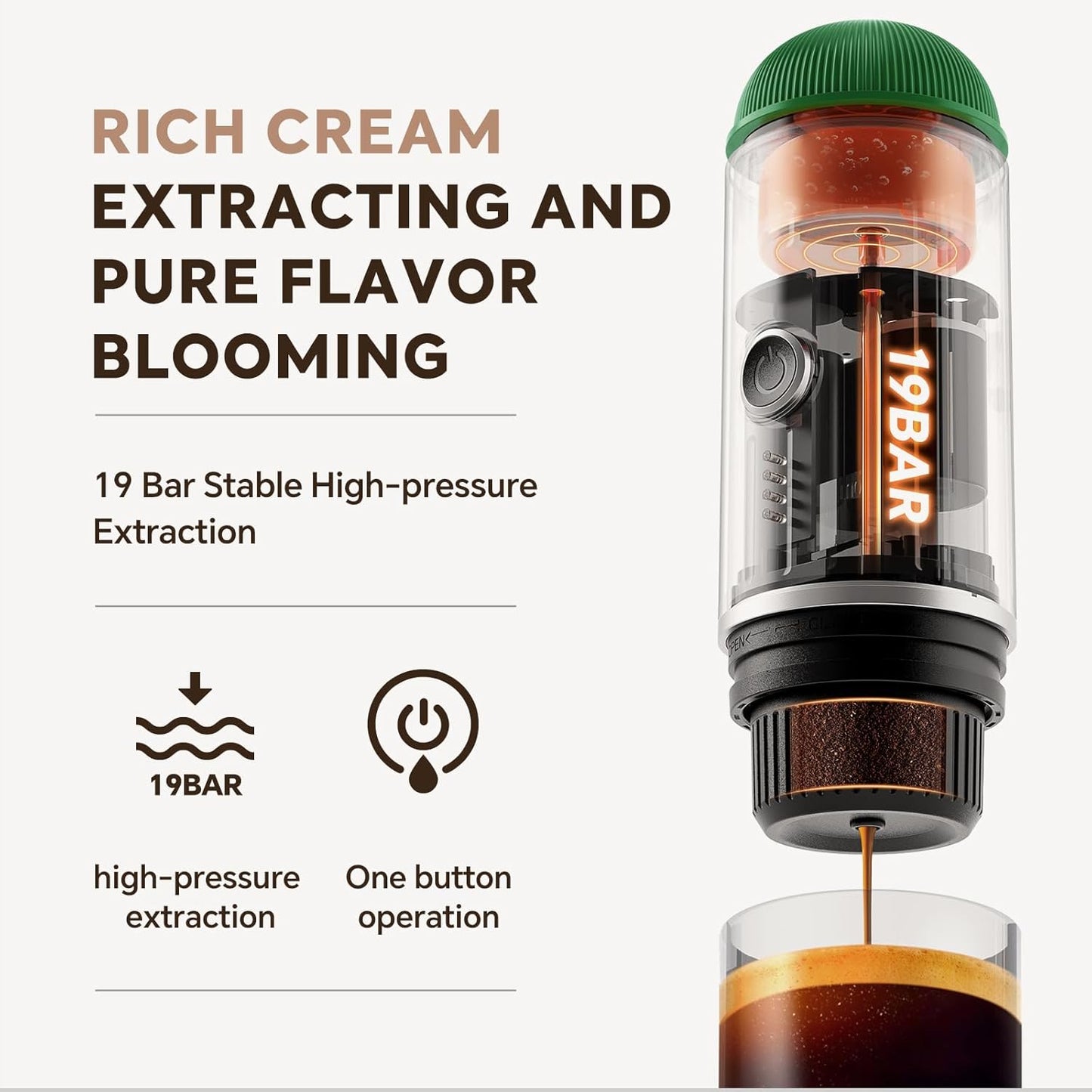 Rich Crema Portable Electric Espresso Coffee Maker, Fast self-heating 2 IN 1 Extraction System Espresso Machine, Support Ground Coffee and NS capsule, for Travel,Car,Hiking,Climbing（Green）
