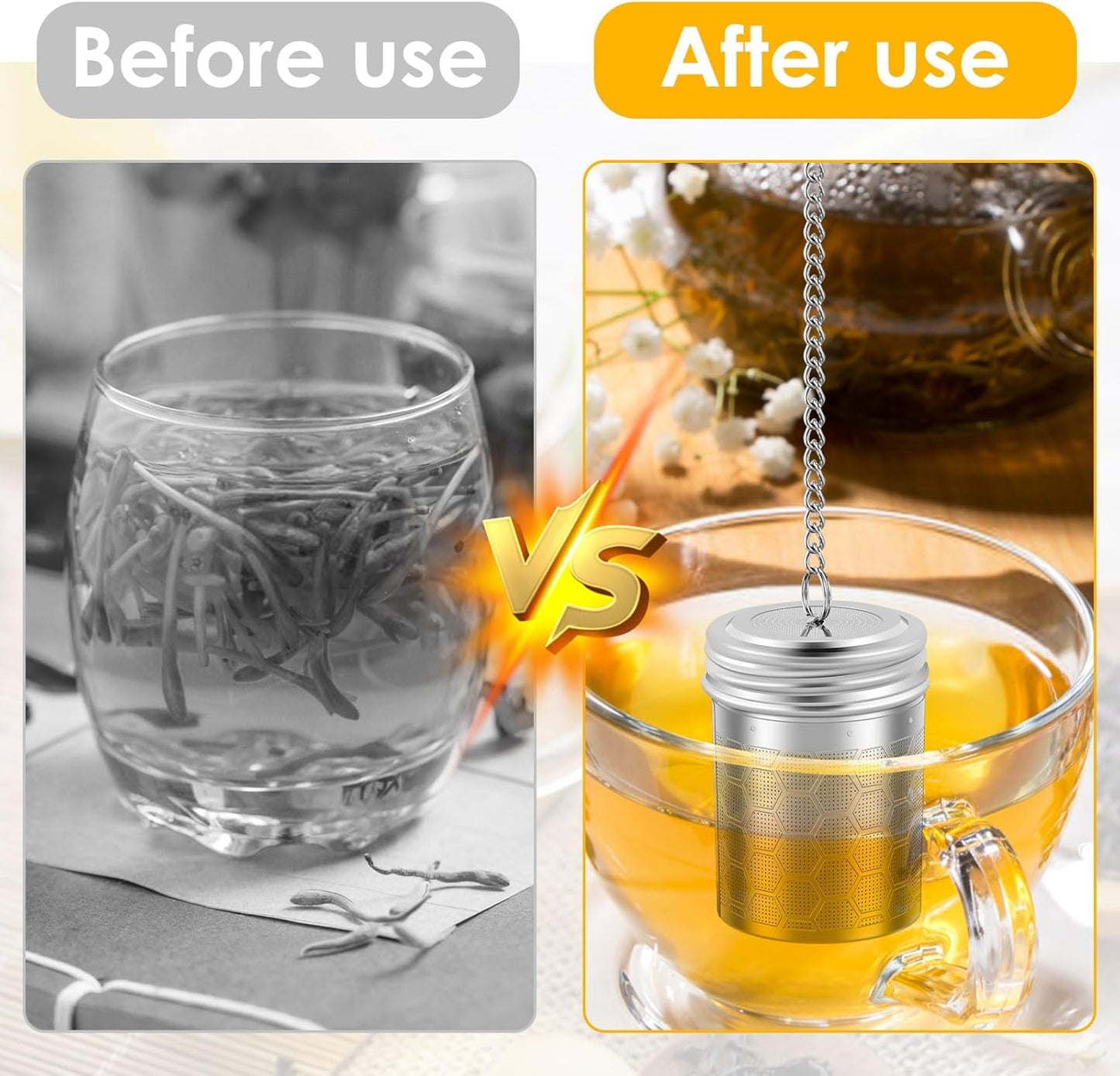 Tea Infuser Strainers with Drip Tray 304 Stainless Steel Tea Filter Strainer with Chain Hook Fine Mesh Tea Infuser Steeper Reusable Tea Strainers Easy to Use for Loose Tea Mulling Spices (Silver 4PCS)