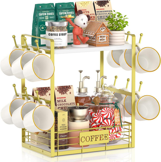 EsLuker.ly Coffee Mug Cup Holder Tree Bar Station Organizer, 2 Tier Mug Stand Rack for Countertop Kitchen, Storage Tower Display Shelf with 12 Hooks, Coffee Nook Enhancer, White-Gold