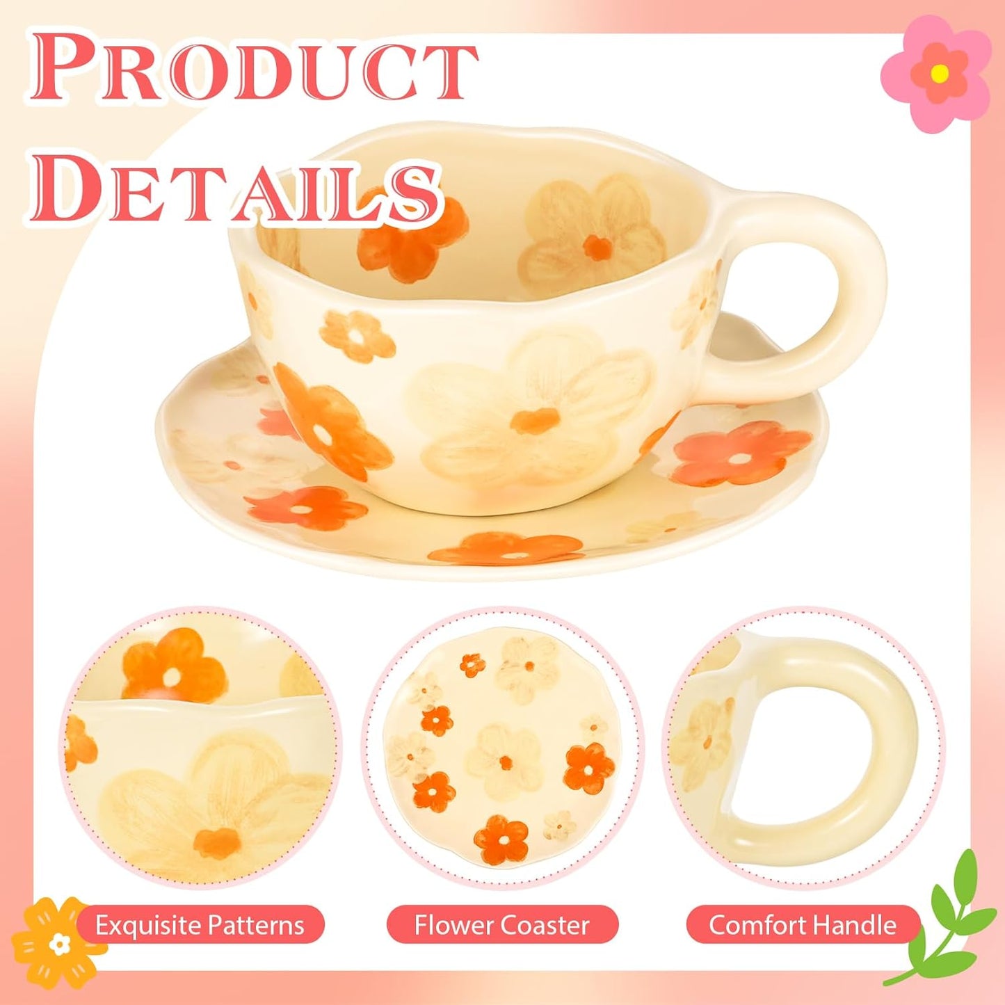 Cappuccino Cups with Saucers 8 oz Latte Art Cup Ceramics Coffee Mugs Irregular Aesthetic Flower Cups for Espresso, Double Shot, Americano, Latte, Tea - Microwave and Dishwasher Safe (Orange Flowers)