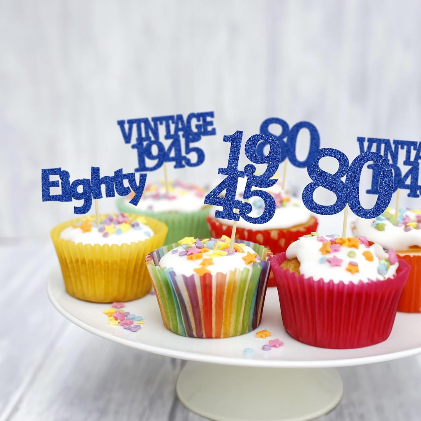 Gyufise 24Pcs Vintage 1945 Cupcake Toppers Glitter Cheers to 80 Fabulous Eighty Cupcake Picks 80th Birthday Wedding Anniversary Party Cake Decorations Supplies Deep Blue
