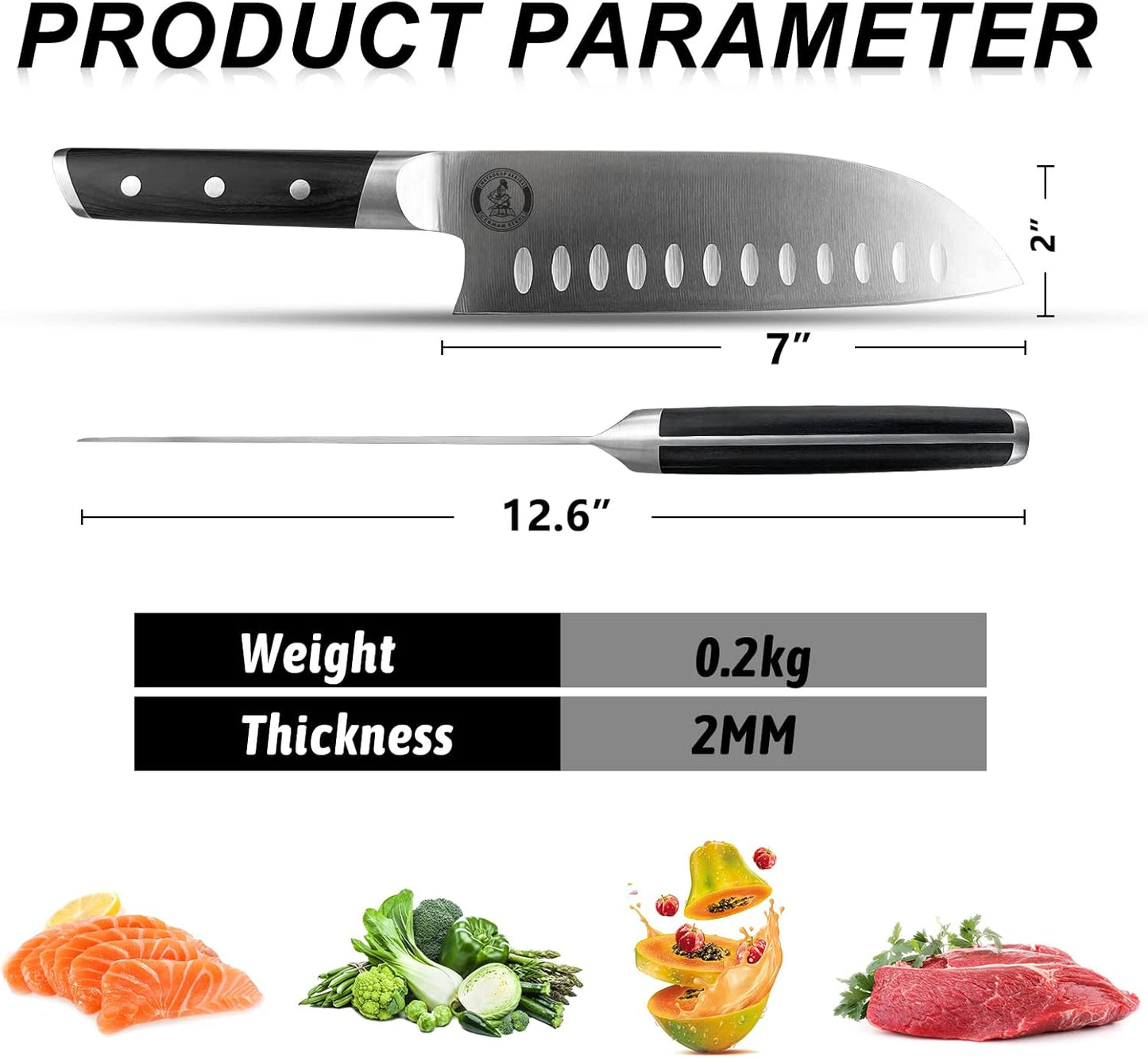 Kitory Santoku Knife - 7 Inch Full Tang GRANTON BLADE Kitchen Knife - Chef Knife for Chopping Vegetables- Forged German High Carbon Steel -2024 Gifts