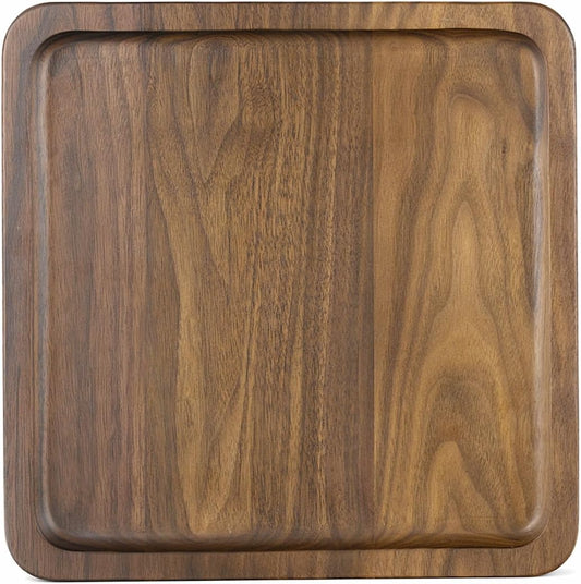 Rustic Walnut Wooden Tray Solid Wood Serving Tray Square Rectangle Platter Tea Tray Coffee Table Tray (Large Square with Grooves（11x11x1inch）)