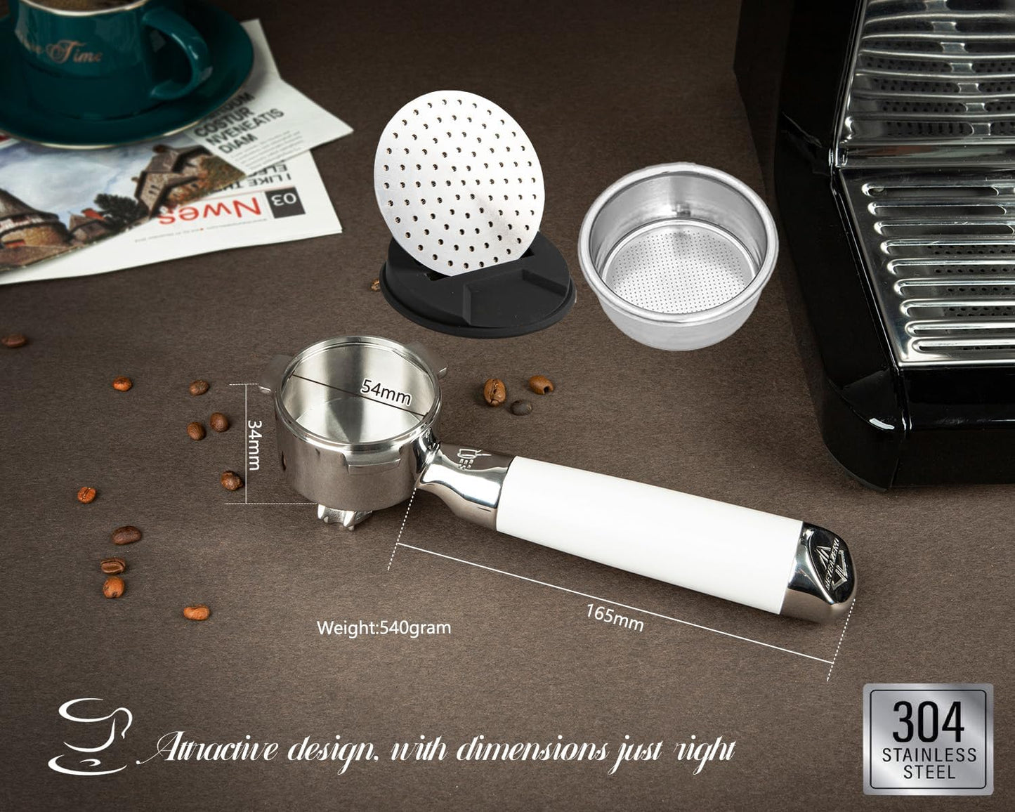 𝟓𝟒𝐦𝐦 𝐃𝐨𝐮𝐛𝐥𝐞 𝐒𝐩𝐨𝐮𝐭 Portafilter Fits Breville Barista Express and 54mm Breville Machines, Espresso Bottomless Portafilter with Puck Screen 53.5mm and Filter Basket