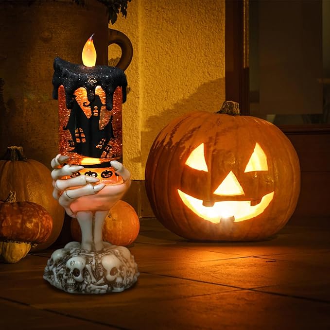 Eldnacele Halloween Snow Globe Candles Lighted Lamp USB Powered Battery Operated Spooky Spinning Water Glittering Tornado Flameless Candles Skeleton Hand Holder Halloween Centerpiece Decor(Castle)