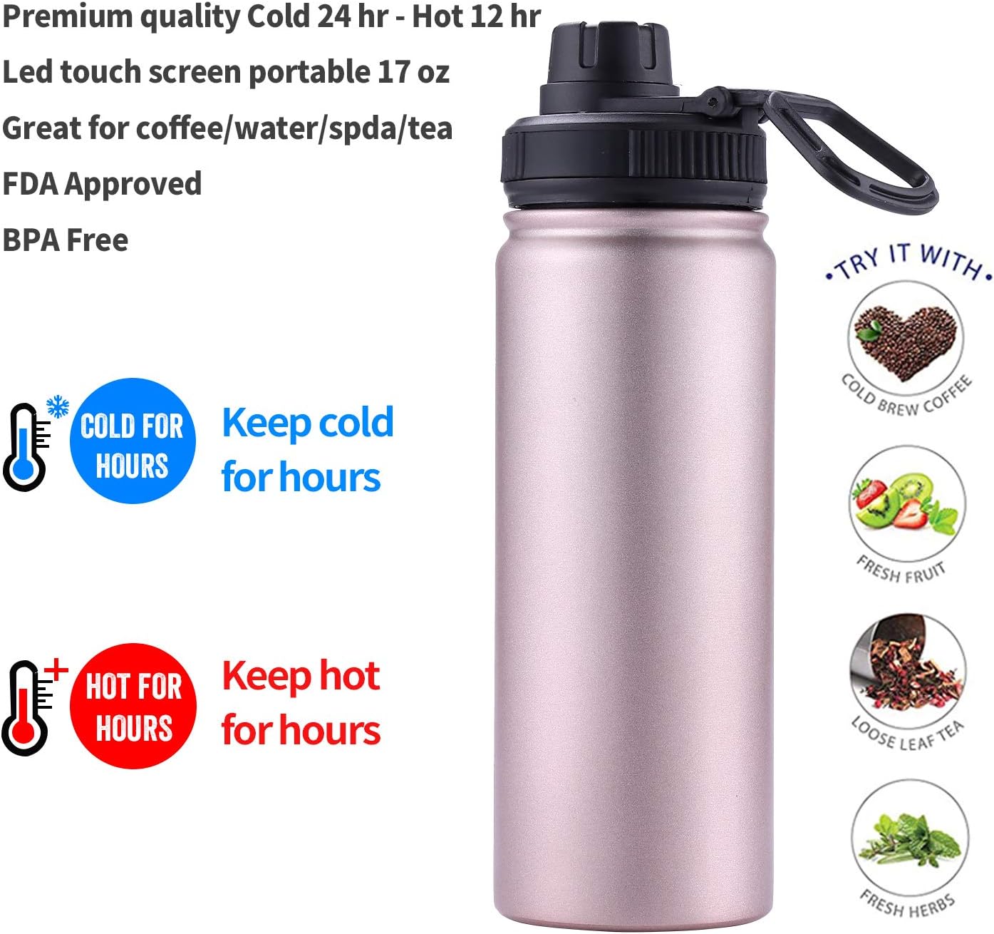 Infuser Travel Mug with Removable loose leaf Tea Strainer Bottle 18/8 Stainless Steel Insulated Tumbler for Women Rosegold