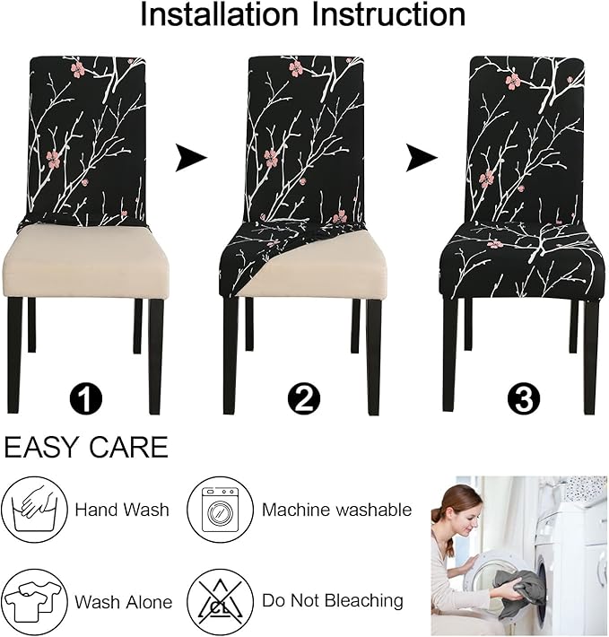 JQinHome Pattern Chair Covers for Dining Room Set of 4, High Stretch Removable Washable Parsons Chair Slipcover for Home Party Hotel Wedding Ceremony (Flourish Black,4PCS)
