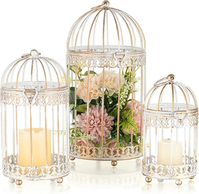 NUPTIO Decorative Candle Lanterns White: 3 Pcs Distressed White Metal Bird Cage Indoors Lantern Centerpiece Assorted Rustic Birdcage Pillar Candle Holders for Home Living Room Porch Office Decoration