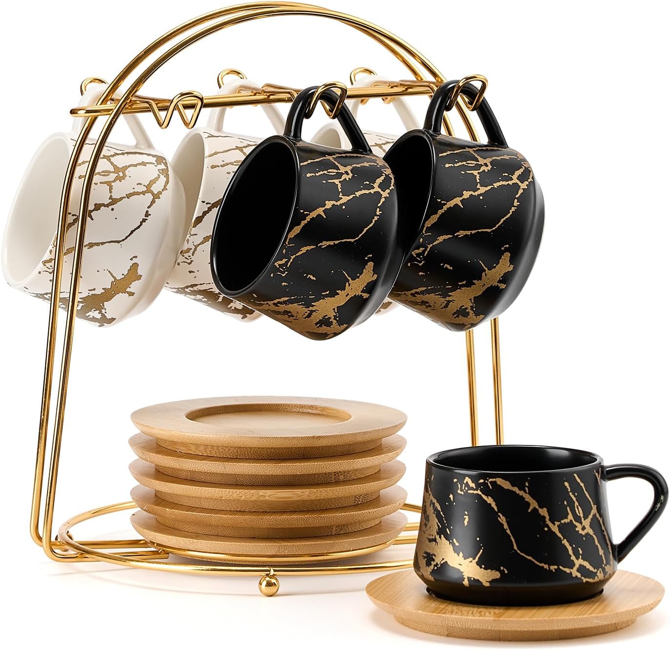 LUKA Ceramic Espresso Cups with Saucers and Metal Stand, Small 4 oz Porcelain Demitasse Cups Set of 6, Cute Cappuccino Coffee Cups for Double Espresso, Tea, Marbling White & Black