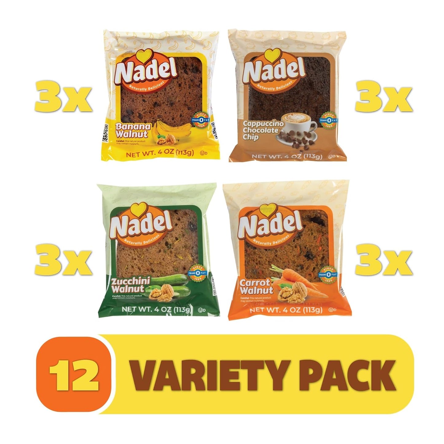 Nadel - Naturally Delicious Sweet Breads Variety Pack (Banana Walnut, Cappuccino Chocolate Chip, Carrot Walnut, Zucchini Walnut). (12 Pack, 3 Breads Per Flavor)