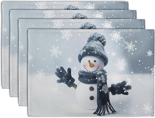 Snowman Placemats Set of 4, 12x18 Inch Winter Cute Blue Snowman Snowflake Table Mats Seasonal Christmas Holiday Washable Linen Fabric Place Mats for Farmhouse Party Kitchen Dining Decor
