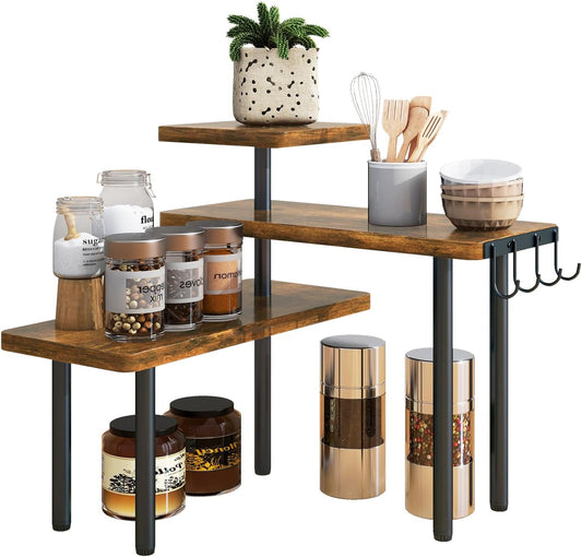 IBUYKE Countertop Organizer,3-Tier Spice Racks,Kitchen Counter Corner Shelf,4 Side Hooks,Adjustable Countertop Shelf for Kitchen, Bathroom, Coffee Bar, Cabinet, Desk,Rustic Brown,TLJ023H