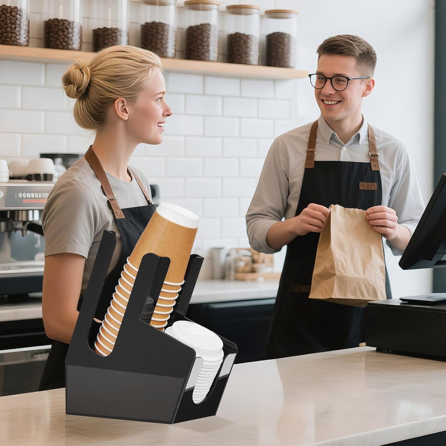 MYITYARD Coffee Station Organizer for Countertop, Acrylic Cup and Lid Dispenser Fit Disposable Paper and Plastic Cups, 2 Compartments Coffee Bar Accessories for Office Breakroom, Home, Kitchen