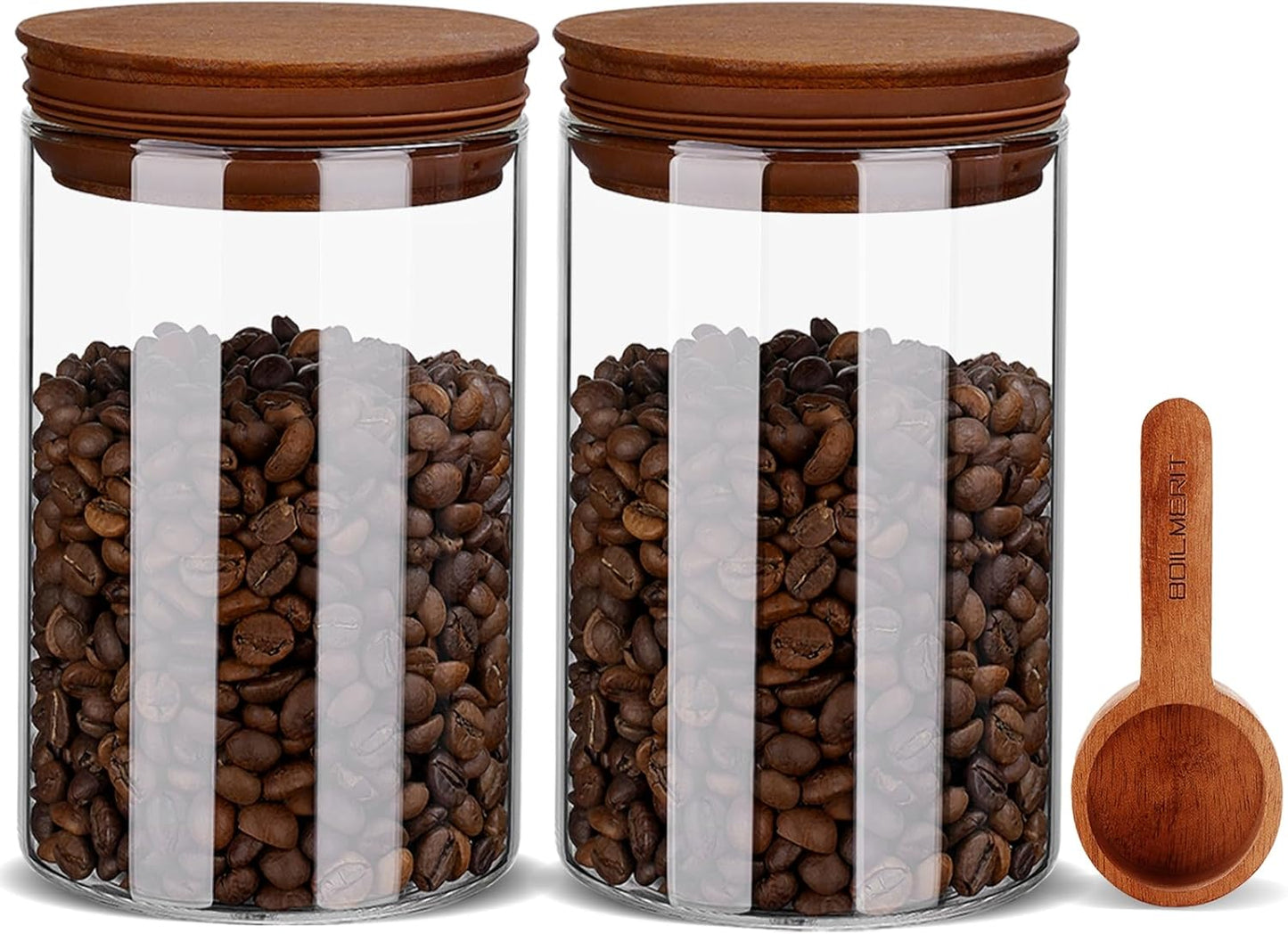 27oz Coffee Canister with Scoop and Wooden Lids, Airtight Coffee Grounds Container Set of 2 for Coffee Bar Organizer, Glass Jar for Coffee Beans Storage