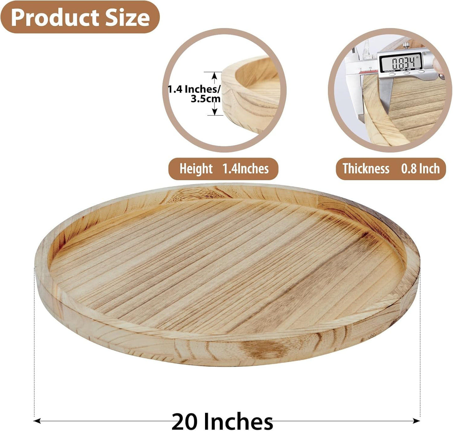 Round Ottoman Tray for Coffee Table Living Room Wood Serving Tray Large Wooden 20 Inches Rustic Torched