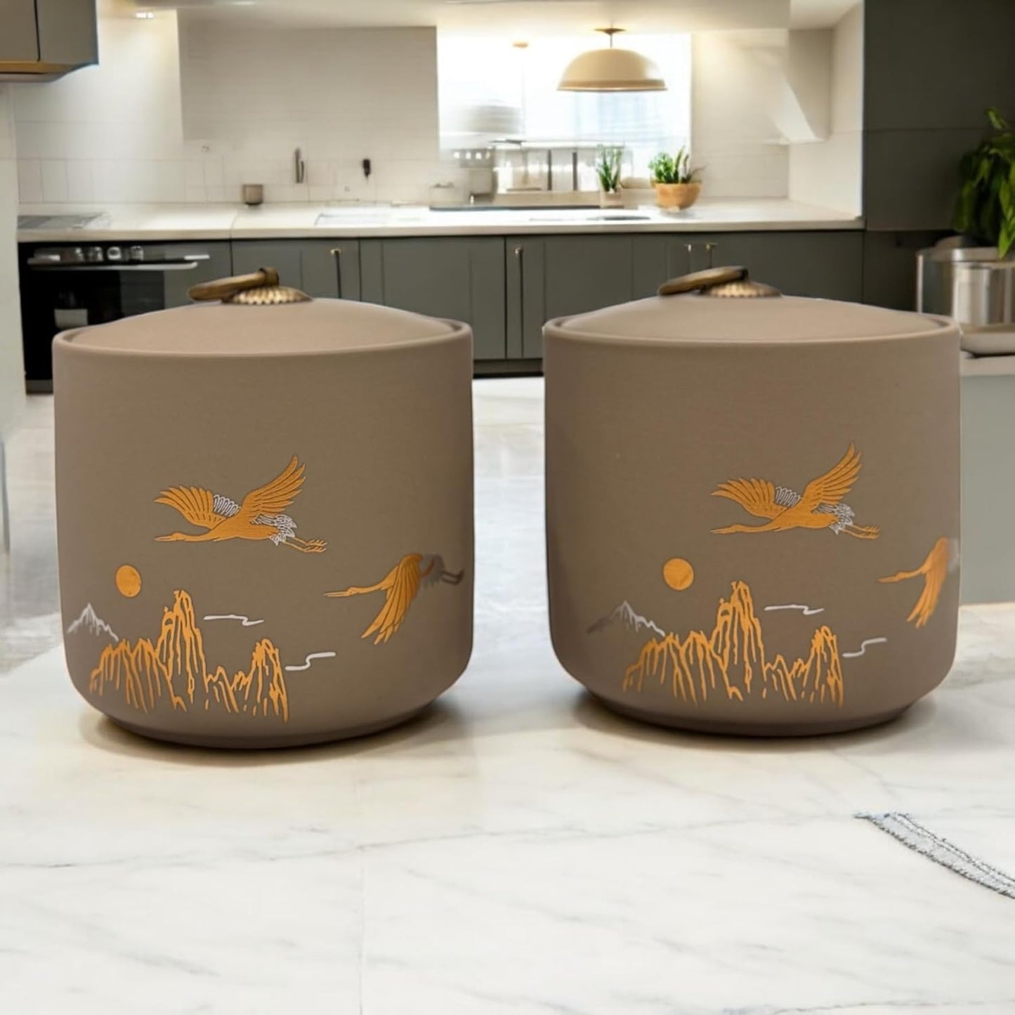 Bare & Balanced Premium Ceramic Tea Canister Set – Handcrafted Storage Jars with Airtight Lids | Crane & Mountain Design | Ideal for Tea, Coffee, Spices | Gift-Ready Box (Light beige)