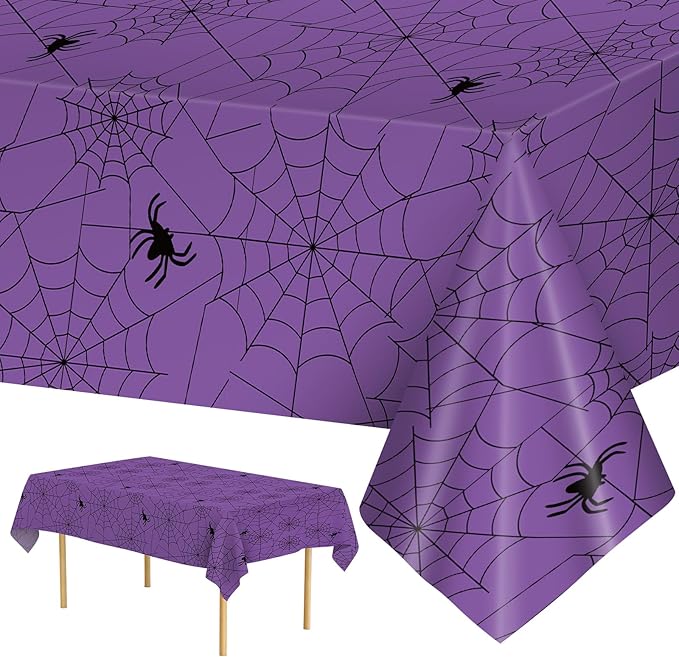 2 Pcs Halloween Tablecloth - Plastic Halloweens Spider Webs Table Cloth, Purple Disposable Rectangle Spiderweb Table Cover for Halloween Party Decorations Supplies Favors Tables Decor, 108 x 54 Inch