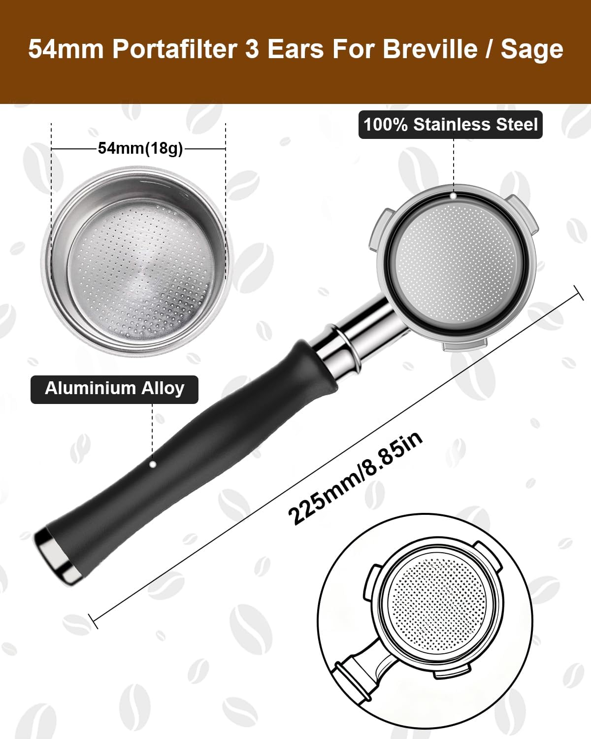 54mm Bottomless Portafilter, 3 Ears Bottomless Naked Portafilter Compatible with Breville/Sage Barista Express BES870/876/878/880/881/450/500/810/840, with Puck Screen and 18g Filter Basket
