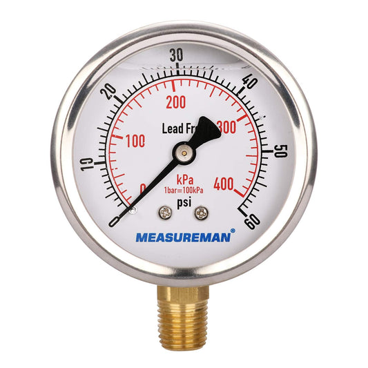 MEASUREMAN Lead-Free Pressure Gauge, 2-1/2inch Dial, Glycerin Filled, 0-60psi/kpa, Stainless Steel Case, 1/4inchNPT Lower Mount