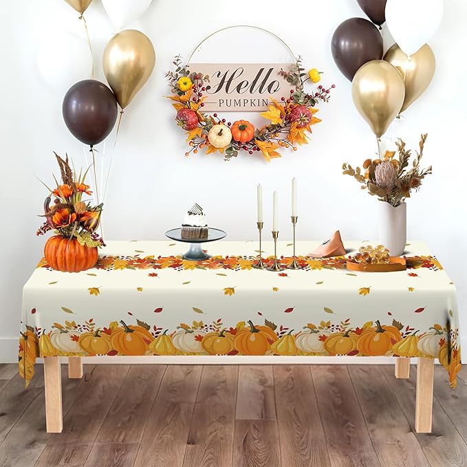 ATFUNSHOP Fall Plastic Tablecloth 4 Packs Thanksgiving Disposable Table Cloth 54x108 Rectangle Table Cover with Pumpkin & Maple Leaf for Holiday Dinner Party Decorations Outdoor Picnic & Baby Showers