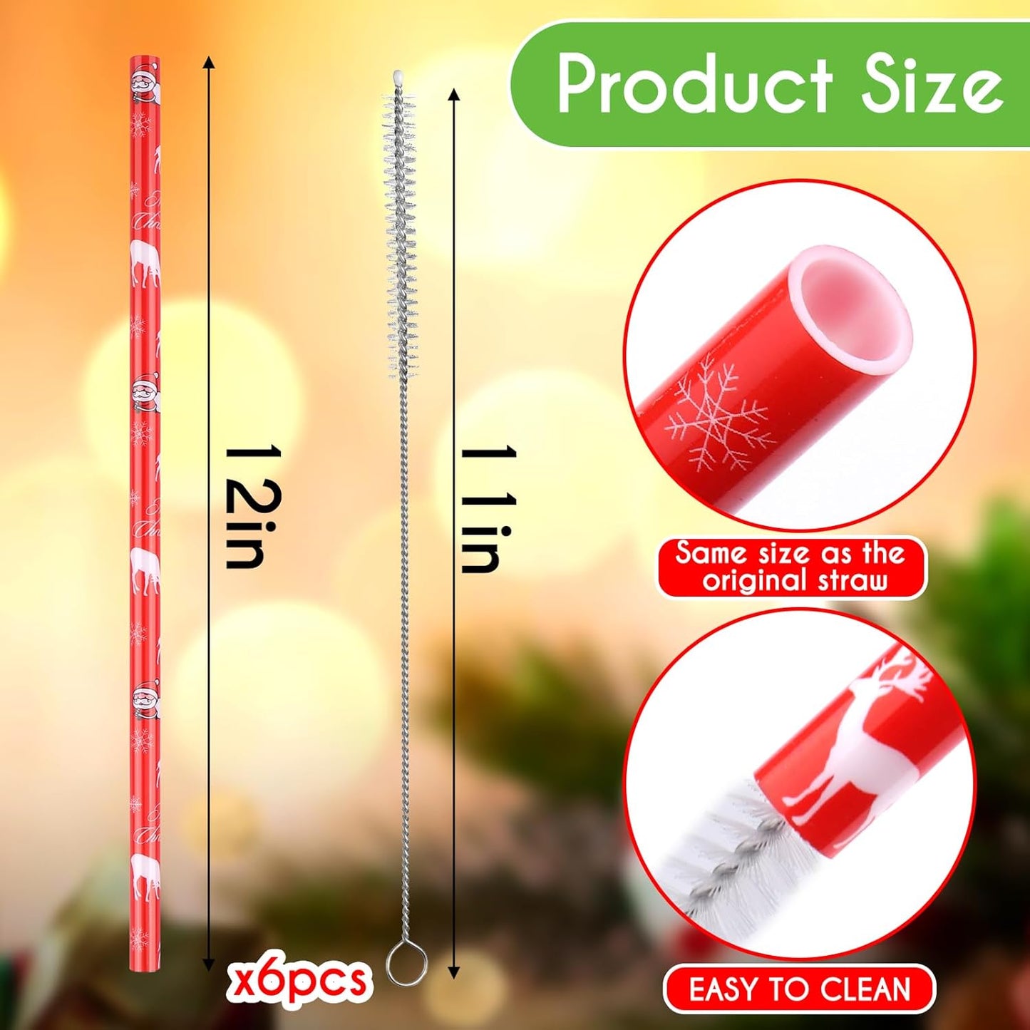 AIERSA 6 Pack Christmas Straw Replacement for Stanley 30&40oz,Plastic Reusable Straw for Stanley Tumbler,Long Straws with Cleaning Brush for Stanley Cup Accessories