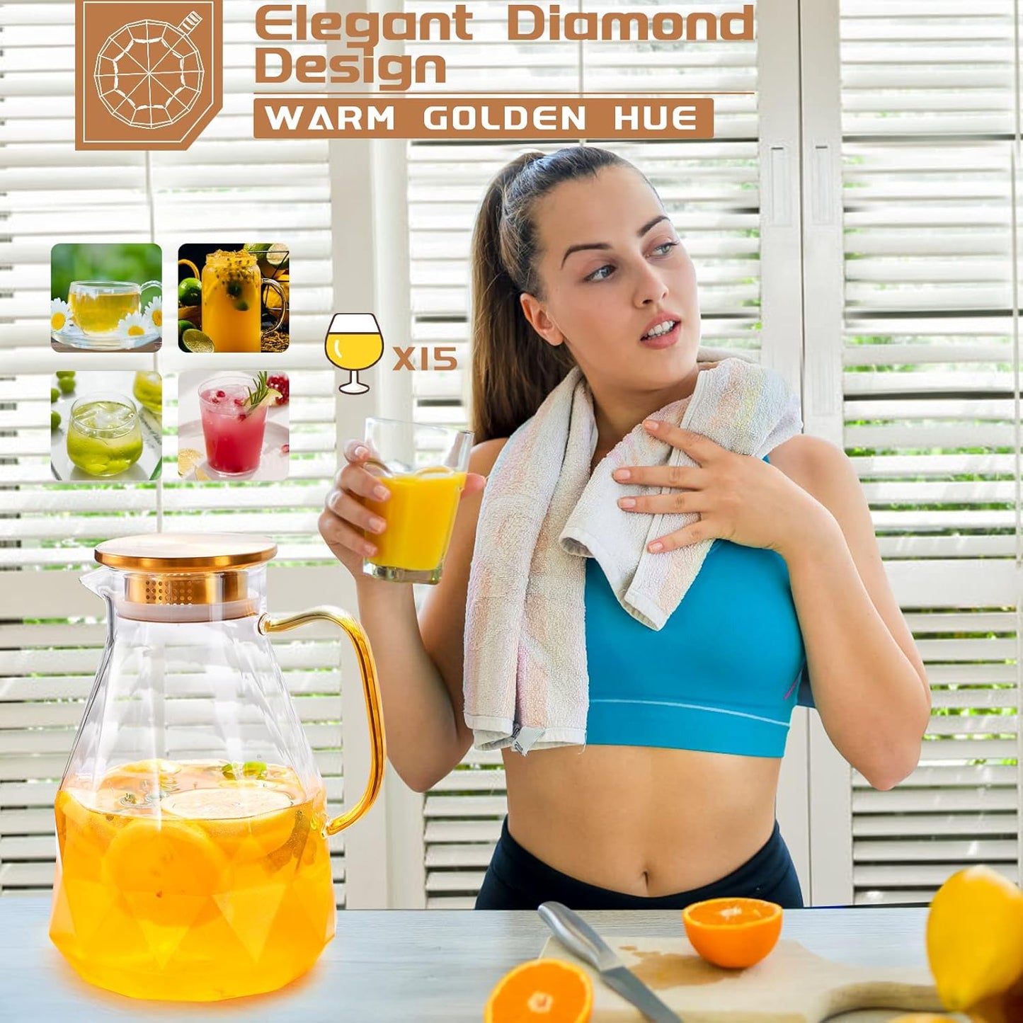 Yirilan Glass Pitcher,74oz/2.2 Liter Water Pitcher with Lid,Beverage Serveware,Iced Tea Pitcher,Water Carafe Handle,Heat Resistant Borosilicate Jug（with Mixing Spoon and Cup Brush）