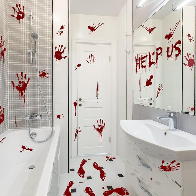 Halloween Window-Clings-Decorations Bloody-Handprint-Footprint Stickers, Scary Halloween Party Indoor/Outdoor Decoration, for Windows, Car - 12 Sheets