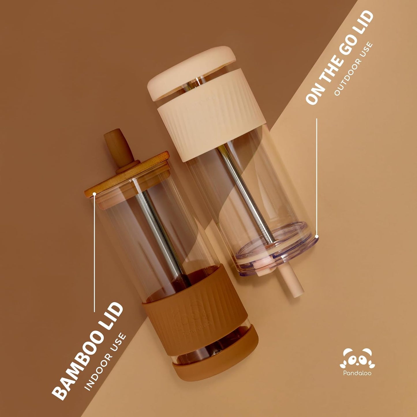 Pandaloo® Glass Cups With Lids and Straws -20 Fl Oz- Perfect Size Iced Coffee Cup - Smoothie Cup With Bamboo Lid and On the go Lid - Glass Tumbler With Straw (1 Count (Pack of 1), Tender Pink)