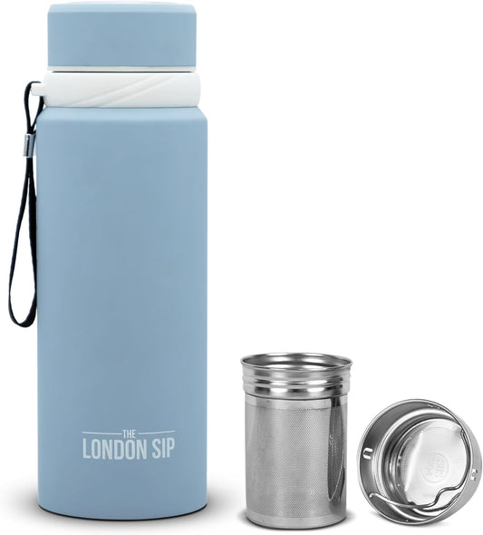 London Sip 25 oz Multi-Purpose Tea Infuser Mug – Fruit Infuser Water Bottle for Hot and Cold – Double Wall Stainless Steel Insulated, Blue Sunrise