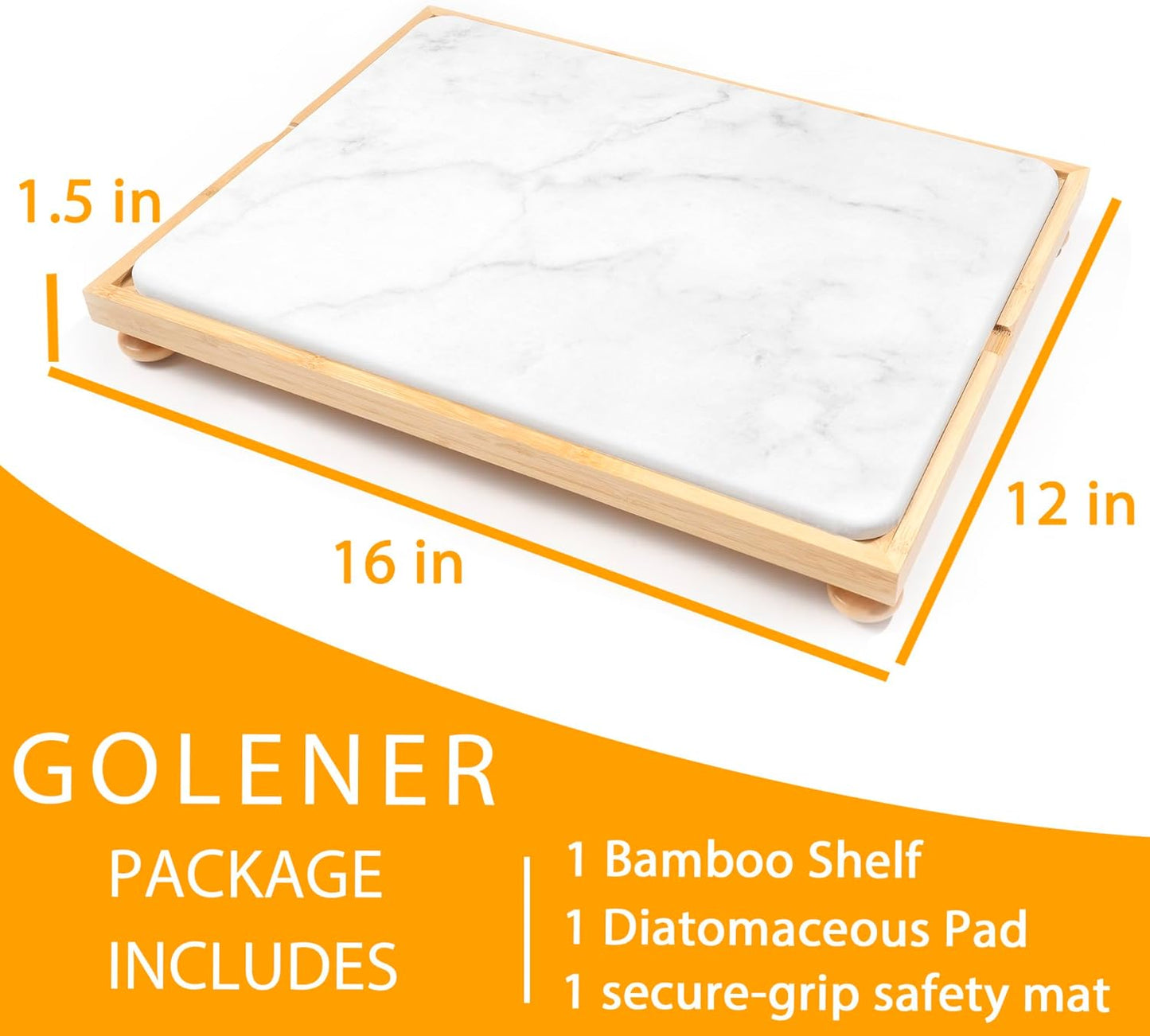 Golener Stone Drying Mat for Kitchen Counter, Dish Drying Pad with Bamboo Rack, Super Absorbent Diatomaceous Earth and Drying Rack, Multi-purpose Quick Drying Mat Rack for Kitchen,16”x12”,Marble White