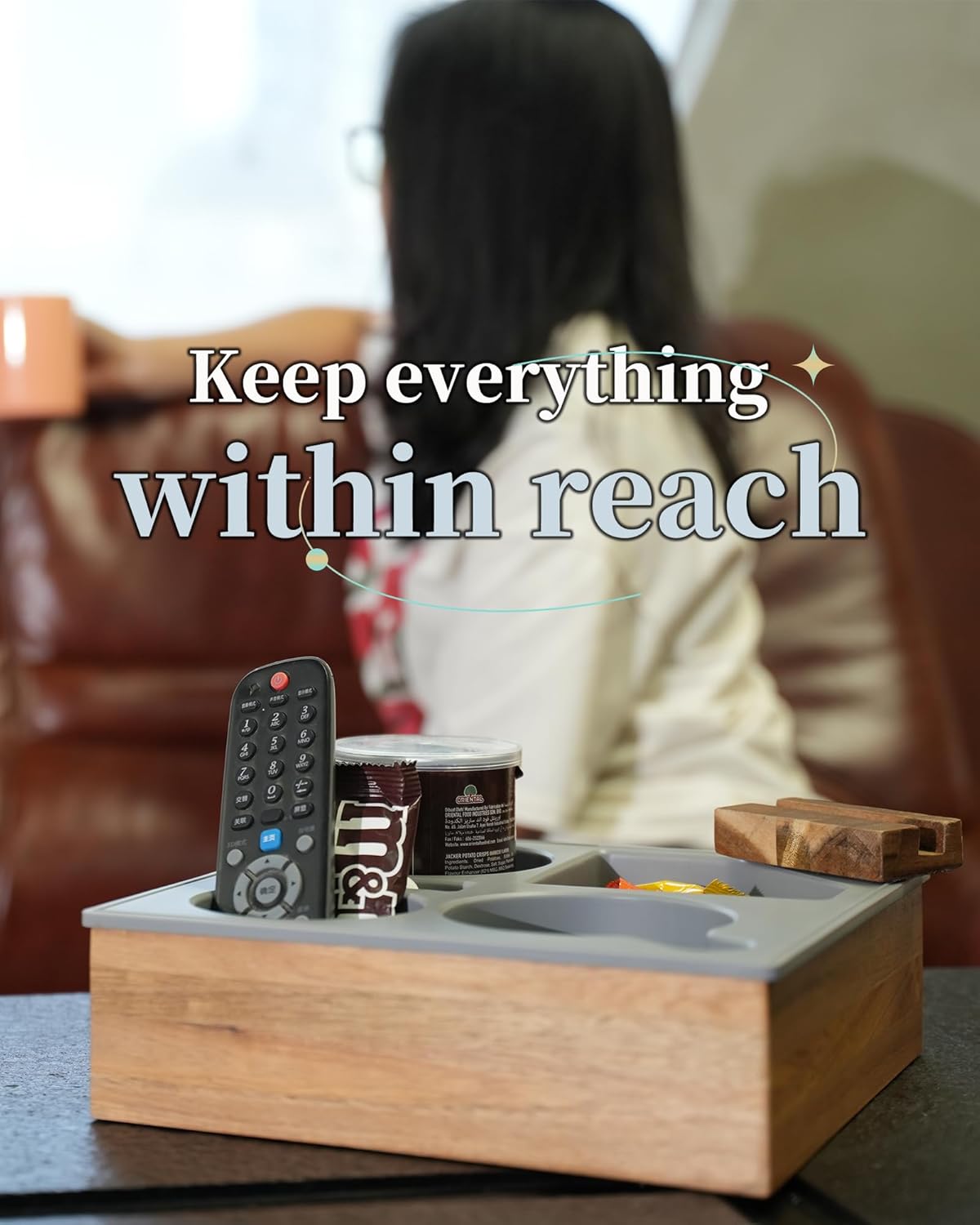 Couch Cup Holder Tray, Handy Soft Silicone Acacia Wooden Couch Caddy for Bed Car Seat Beach Organizer, Waterproof Anti-Spill Sofa Cup Holder for Snacks Beverage Remote (Green)