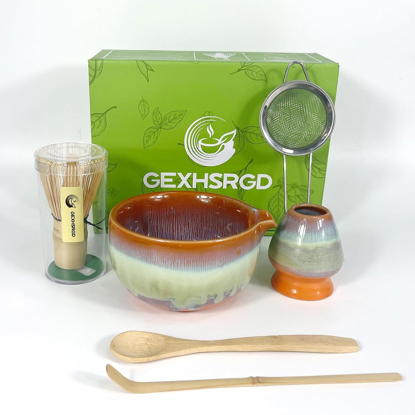 Matcha Whisk Set,6Pcs Matcha Kit Includes Matcha Whisk and Holder,Matcha Bowl with Spout,Matcha Sifter and 2Pcs Matcha Spoon,Suitable as a gift for those who like matcha (Gradient Orange)