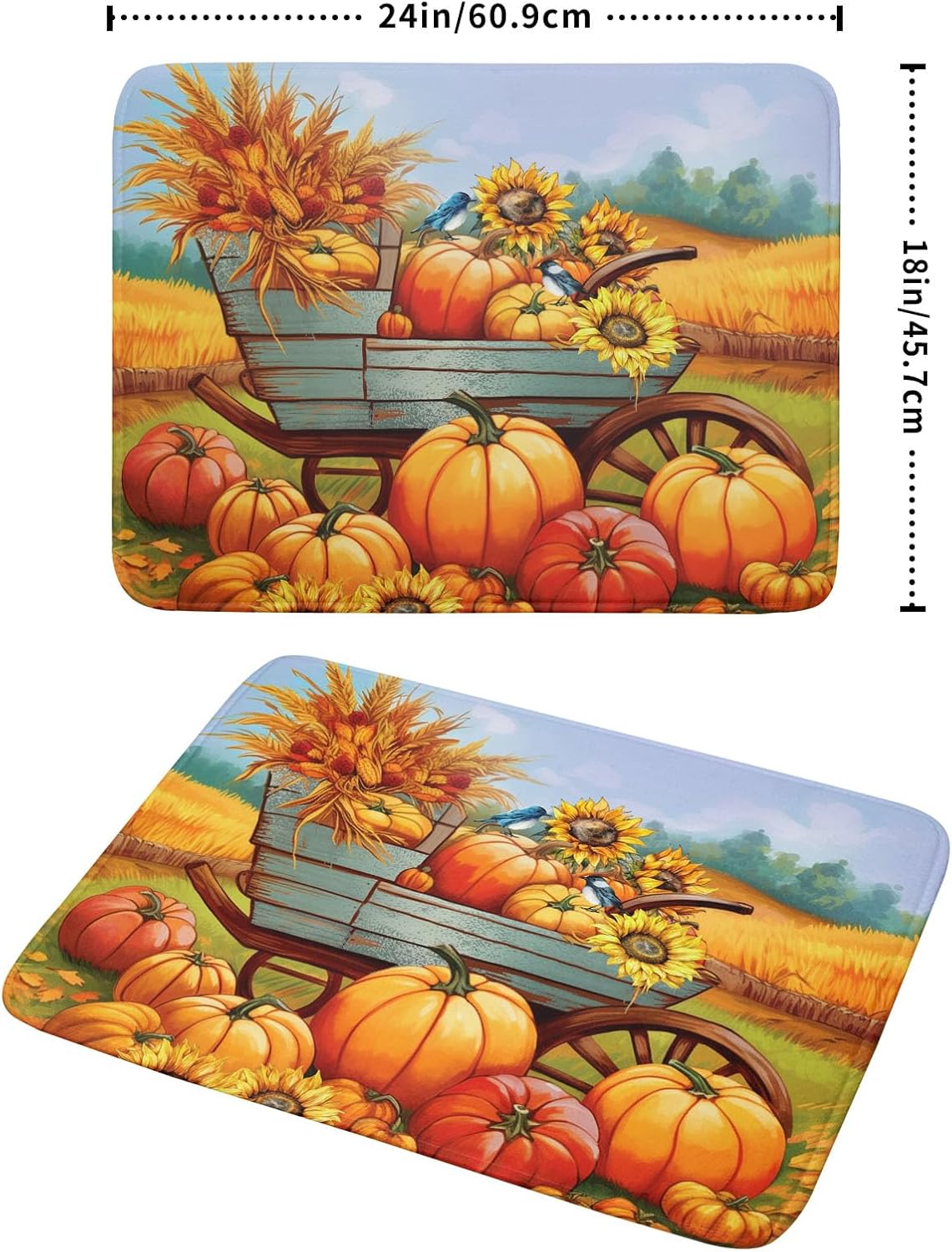 Thanksgiving Autumn Harvest Pumpkin Dish Drying Mat for Kitchen Counter,Sunflowers and Cart Drying Mat 18 x 24 Inch Microfiber Dish Drying Pad Ear of Rice Dish Rack Drainer Mat for Coffee Bar