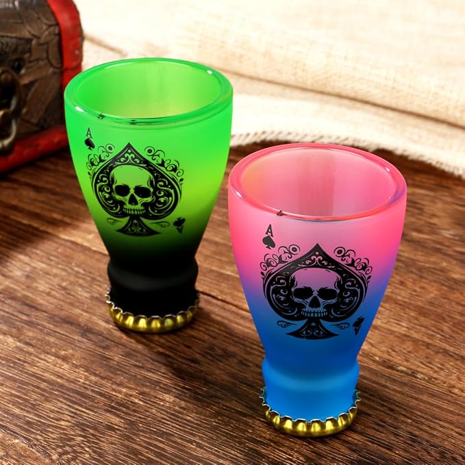 Spades Skull Pattern Glass Shot Glasses, Unique Wine Bottle Shot Glass, 43ml Shot Cups Set of 2 with Gift Box for Alcohol Shots, Vodka, Expresso, Tequila & Dessertsor, Gothic Christmas Gift