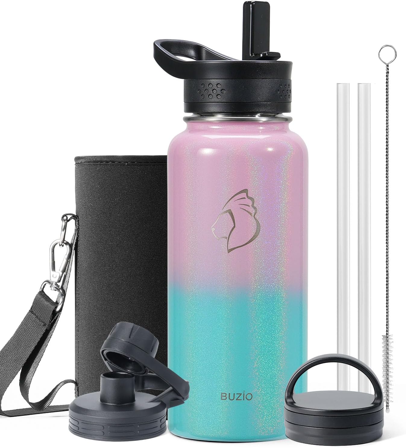 BUZIO 32 oz Water Bottle Insulated with Straw & 3 lid and Carrying Pouch, Leak Proof Anti-Slip Stainless Steel Water Flask Jug, Cold for 48 Hrs Double Vacuum Thermo Canteen, Pearlescent Pink Blue