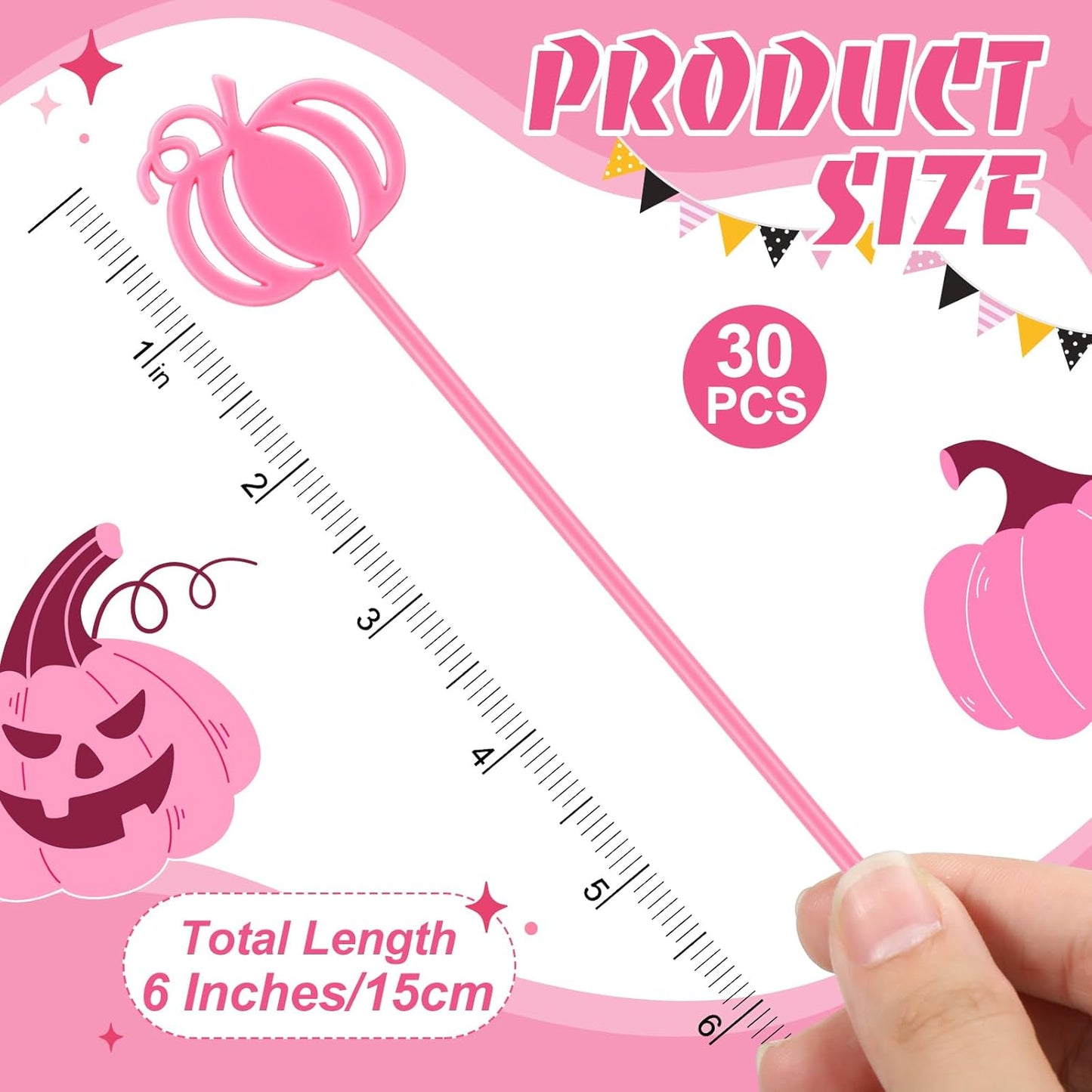30 Pcs Halloween Swizzle Sticks Plastic Coffee and Cocktail Stirrers Fall Thanksgiving Drink Stirrers Cocktail Mixers for Halloween Fall Autumn Party Tea Coffee Bar Decoration(Pink Pumpkin)