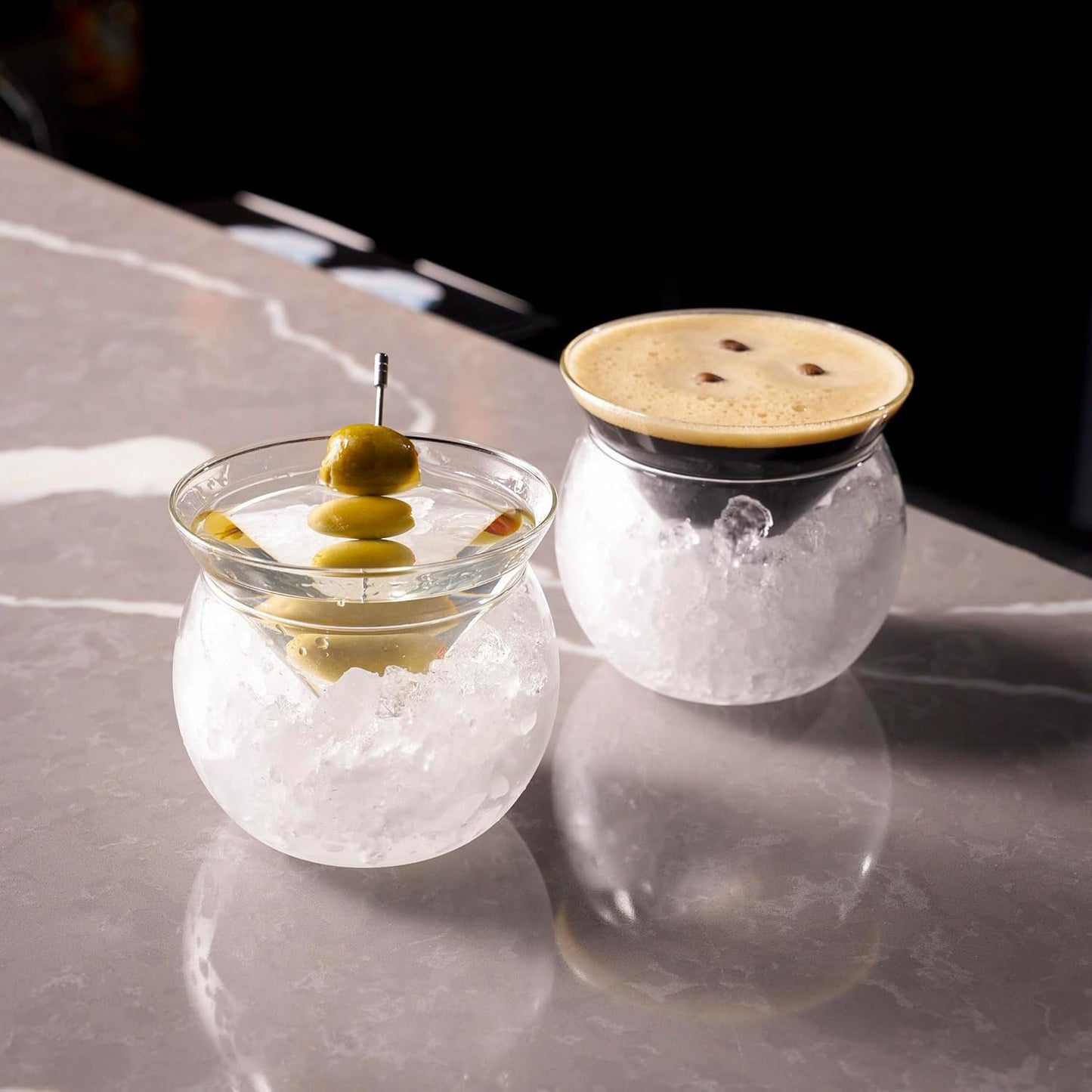 LEMONSODA Stemless Martini Glasses with Chiller - Set of 4 - Elegant Cocktail Glass Set with Server Bowl - Martini Gift Set for Margarita, Espresso Martinis, Manhattan Cocktails - Housewarming Gifts