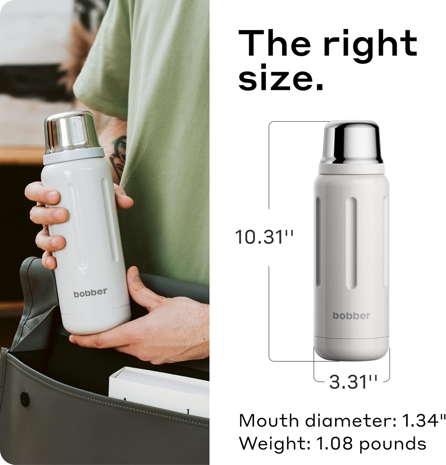 BOBBER 26 oz Stainless Steel Thermos for Hot Water with Cup – BPA-Free, Dishwasher Safe Coffee Thermos Flask – Keeps Hot for 36 Hours – Vacuum Insulated Hot Water Flask for Men, Tea (Sand Grey)