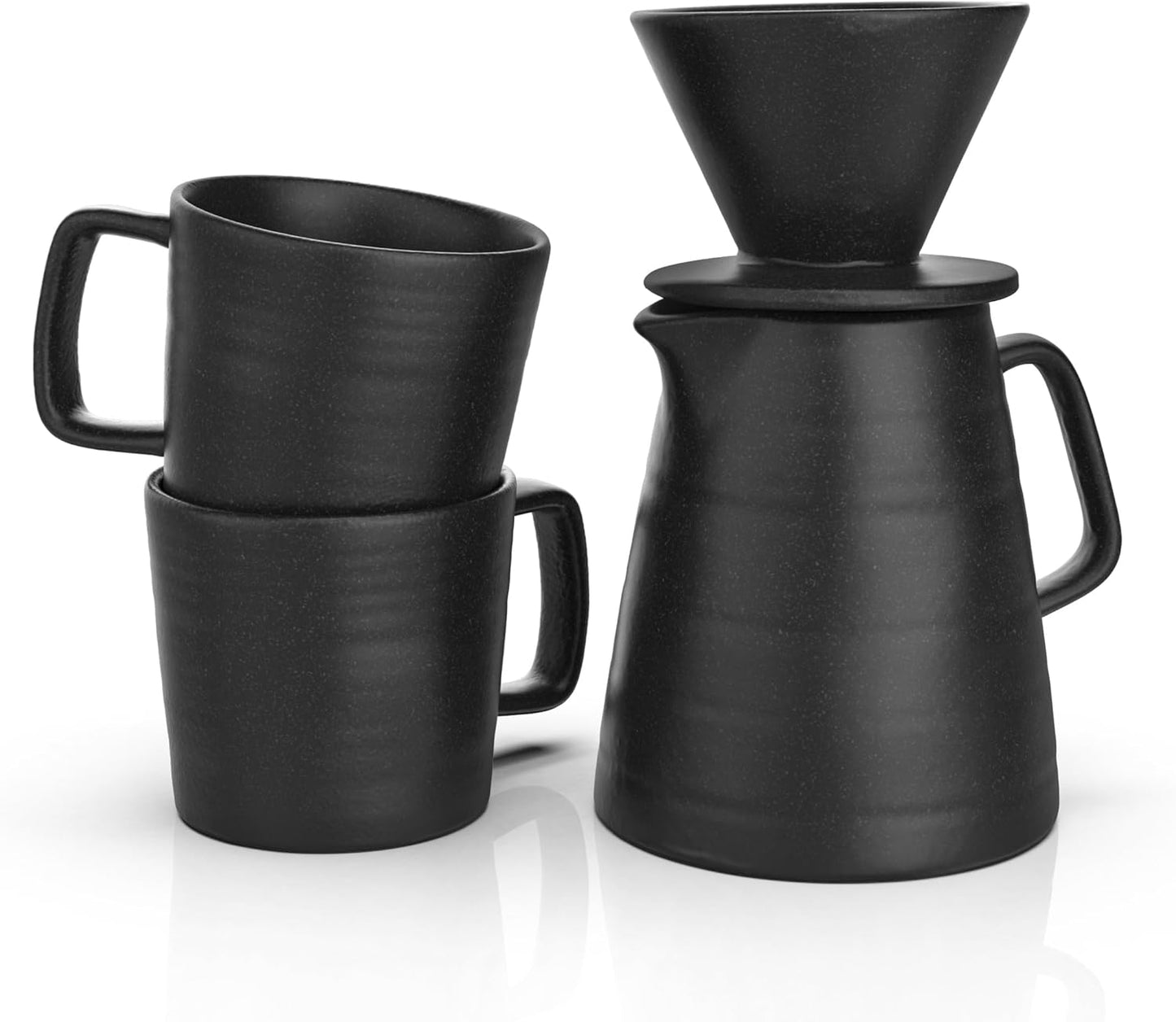 Pour Over Drip Coffee Maker Gift Set with Two Coffee Mugs, Non-Electric Pour Over Coffee Dripper, Easy Manual Brew Maker, Dishwasher and Microwave Safe, Filters not included (Black)